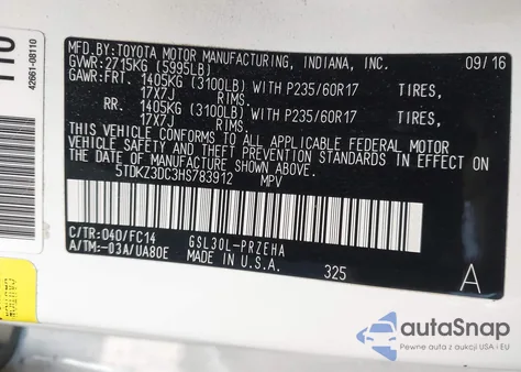 2017 Toyota Sienna Le 8 Passenger z USA, uszkodzony, nr VIN 5TDKZ3DC3HS783912